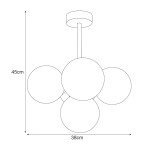 Lampa sufitowa Inez o wymiarach 45 cm wysokości i 38 cm średnicy, w kolorze czarnym i białym, z pięcioma oprawami na żarówki E14. Produkt wiszący, z okrągłymi kloszami, umieszczonymi w układzie geometrycznym.