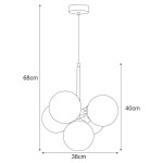 Lampa wisząca Inez z pięcioma kulistymi kloszami w kolorze czarnym i białym, zawieszona na cienkim przewodzie. Wymiary: wysokość 68 cm, szerokość 38 cm, z odległością 40 cm między kloszami. Prosta konstrukcja, idealna do nowoczesnych wnętrz.