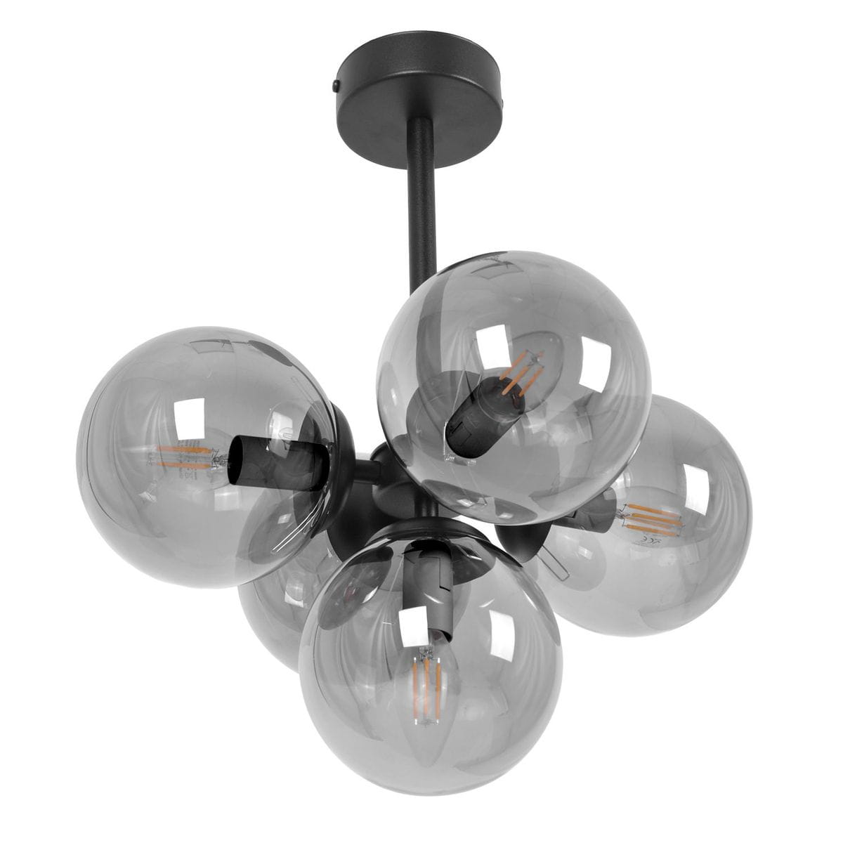 Lampa sufitowa Megan 5xE14 w kolorze czarnym i grafitowym, z pięcioma szklanymi kloszami w odcieniu szarym, umieszczona na prostym, cylindrycznym mocowaniu. Klosze o okrągłym kształcie prezentują widoczne żarówki.