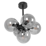 Lampa sufitowa Megan 5xE14 w kolorze czarnym i grafitowym, z pięcioma szklanymi kloszami w odcieniu szarym, umieszczona na prostym, cylindrycznym mocowaniu. Klosze o okrągłym kształcie prezentują widoczne żarówki.