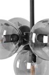 Lampa sufitowa Megan 5xE14 w kolorze czarnym z grafitowymi kloszami. Widok z bliska na pięć kulistych, przezroczystych kloszy, zamontowanych na czarnej podstawie. Klosze mają szare zabarwienie, wyeksponowane żarówki z widocznymi żarnikami.