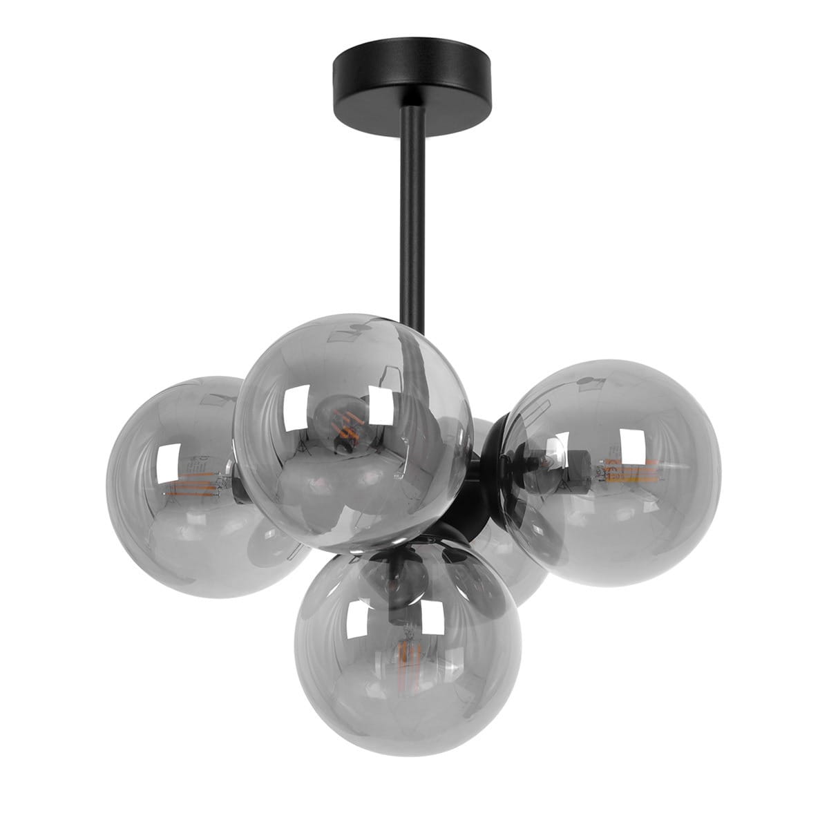 Lampa sufitowa Megan z pięcioma oprawami E14, w kolorze czarnym i grafitowym, z kulistymi, szarymi kloszami. Produkt zawieszony na cienkim uchwycie, w górnym widoku. Elegancki design, idealny do nowoczesnych wnętrz.
