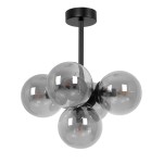 Lampa sufitowa Megan z pięcioma oprawami E14, w kolorze czarnym i grafitowym, z kulistymi, szarymi kloszami. Produkt zawieszony na cienkim uchwycie, w górnym widoku. Elegancki design, idealny do nowoczesnych wnętrz.