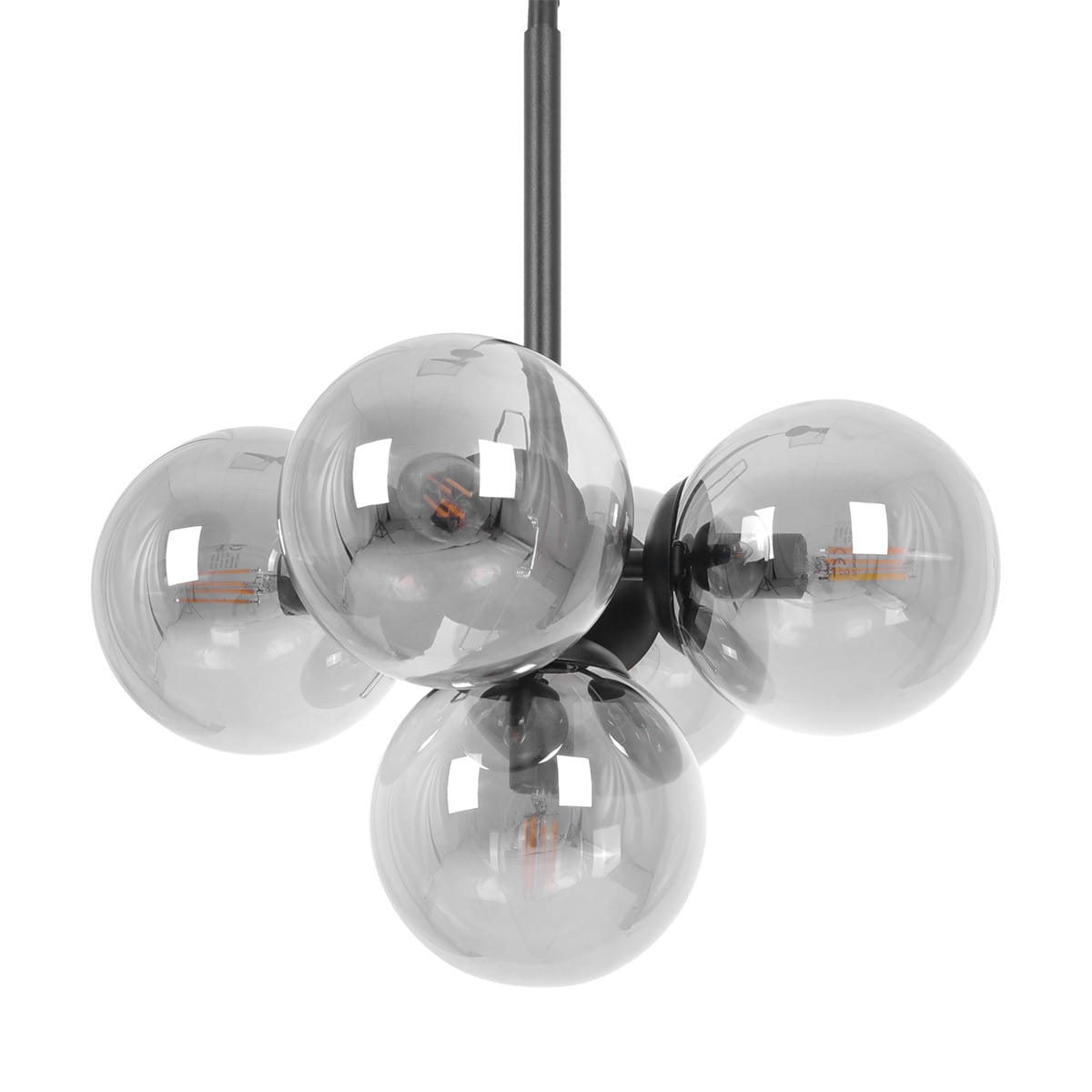 Lampa wisząca Megan z pięcioma żarówkami E14, w kolorze czarnym i grafitowym. Szklane klosze w kształcie kul, transparentne, z lekko przyciemnioną fakturą. Produkt zawieszony na cienkim przewodzie, z widocznym mocowaniem.