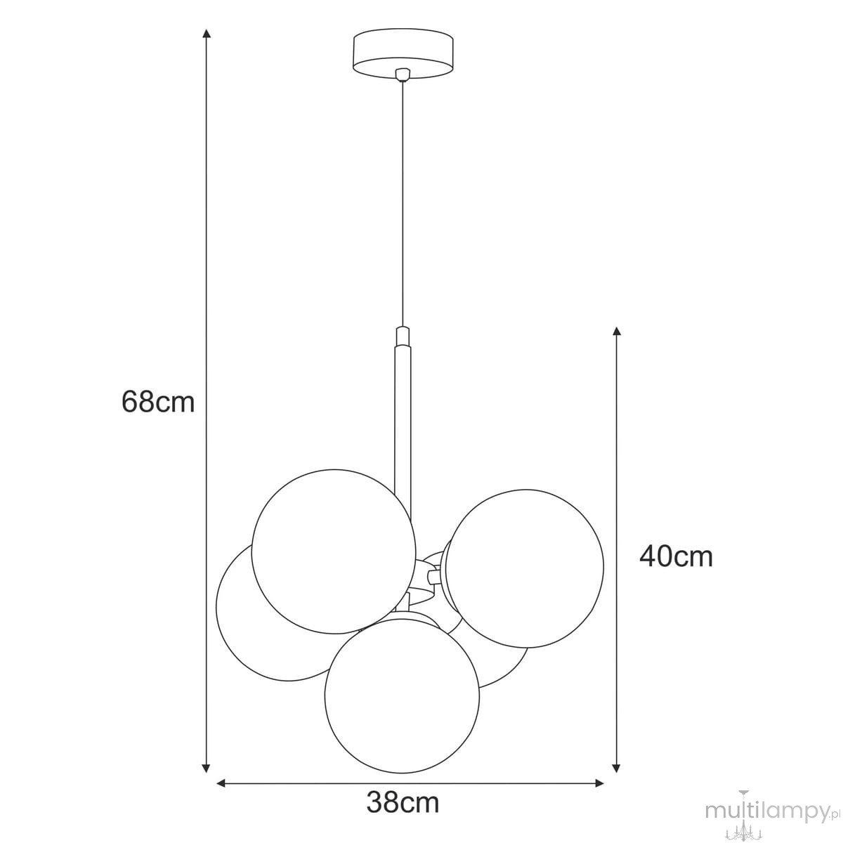 Lampa wisząca Piro z pięcioma oprawami E14, w kolorze czarnym z bursztynowymi kloszami. Produkt o wymiarach 68 cm wysokości i 38 cm średnicy, zawieszony na cienkim metalowym stelażu, idealny do nowoczesnych wnętrz.