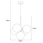Lampa wisząca Piro z pięcioma oprawami E14, w kolorze czarnym z bursztynowymi kloszami. Produkt o wymiarach 68 cm wysokości i 38 cm średnicy, zawieszony na cienkim metalowym stelażu, idealny do nowoczesnych wnętrz.