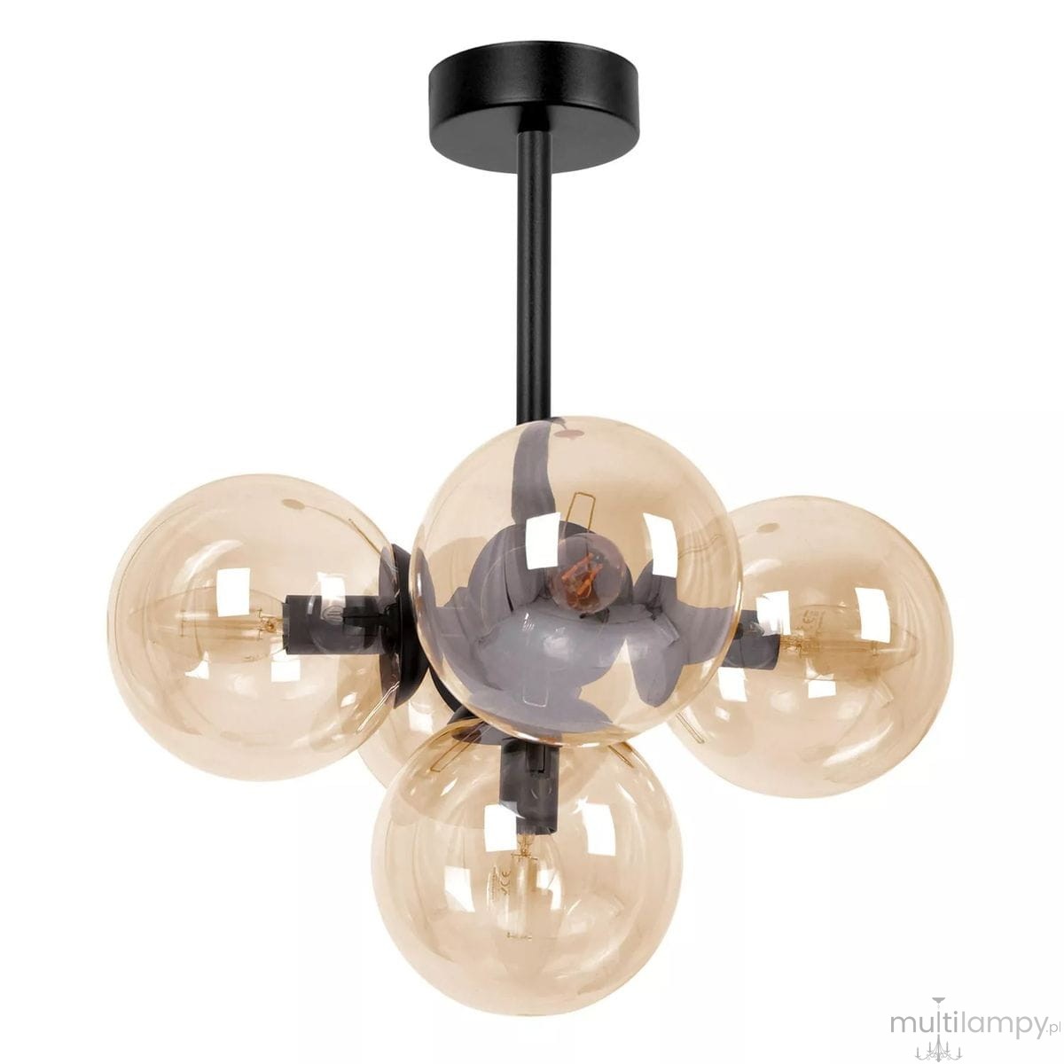 Lampa sufitowa Piro w kolorze czarnym z pięcioma bursztynowymi kloszami, zawieszona na czarnym przewodzie. Klosze mają okrągły kształt, a wewnątrz są widoczne żarówki E14. Produkt montowany na suficie, w nowoczesnym stylu.