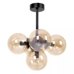 Lampa sufitowa Piro w kolorze czarnym z pięcioma bursztynowymi kloszami, zawieszona na czarnym przewodzie. Klosze mają okrągły kształt, a wewnątrz są widoczne żarówki E14. Produkt montowany na suficie, w nowoczesnym stylu.