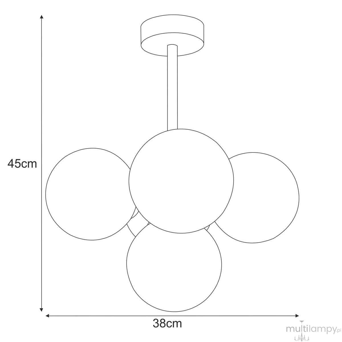 Lampa sufitowa Piro w kolorze czarnym i bursztynowym, z pięcioma kloszami E14 w kształcie okrągłym. Wysokość 45 cm, średnica 38 cm. Ujęcie frontalne, produkt wiszący, idealny do nowoczesnych wnętrz.