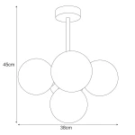 Lampa sufitowa Piro w kolorze czarnym i bursztynowym, z pięcioma kloszami E14 w kształcie okrągłym. Wysokość 45 cm, średnica 38 cm. Ujęcie frontalne, produkt wiszący, idealny do nowoczesnych wnętrz.