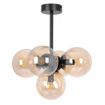 Lampa sufitowa Piro z pięcioma kloszami E14 w kolorze czarnym i bursztynowym. Klosze w kształcie kul, z przezroczystego materiału, zawieszone na cienkim, metalowym stelażu. Ujęcie z góry, pokazujące detale konstrukcji i kształt kloszy.