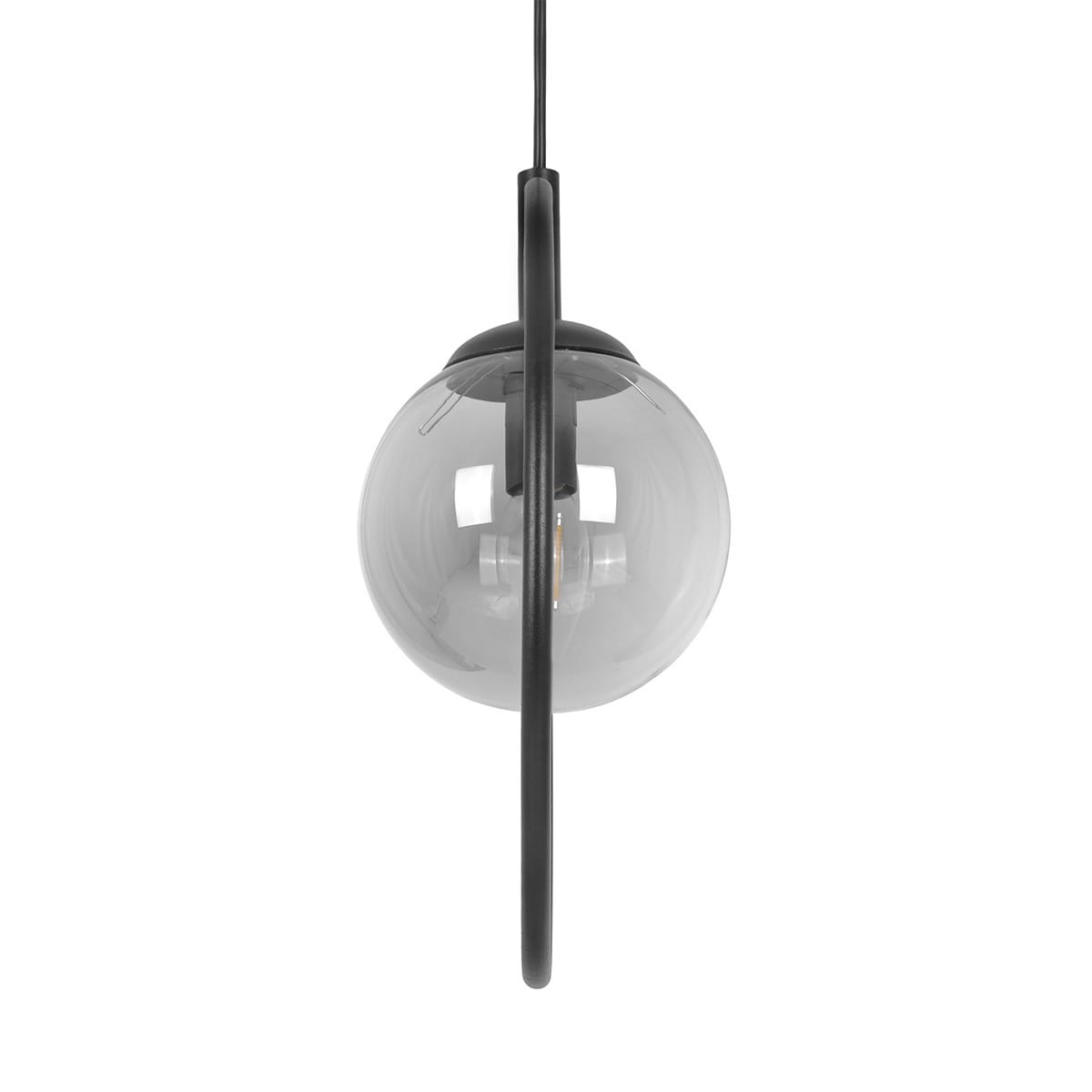 Czarna i grafitowa lampa wisząca Davos z jednym gniazdem E14. Szklana kula z przezroczystego materiału, zawieszona na cienkim, czarnym kablu. Ujęcie z góry, eksponujące minimalistyczny design i kształt lampy.