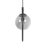 Czarna i grafitowa lampa wisząca Davos z jednym gniazdem E14. Szklana kula z przezroczystego materiału, zawieszona na cienkim, czarnym kablu. Ujęcie z góry, eksponujące minimalistyczny design i kształt lampy.