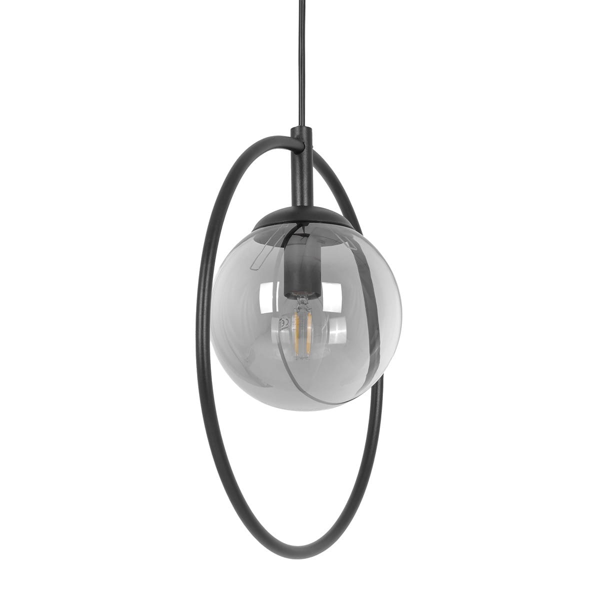 Lampa wisząca Davos z żarówką E14, czarna i grafitowa. Okrągła, przezroczysta kula z ciemnego szkła zawieszona w metalowym, czarnym pierścieniu. Ujęcie z boku, wisząca, elegancka konstrukcja.