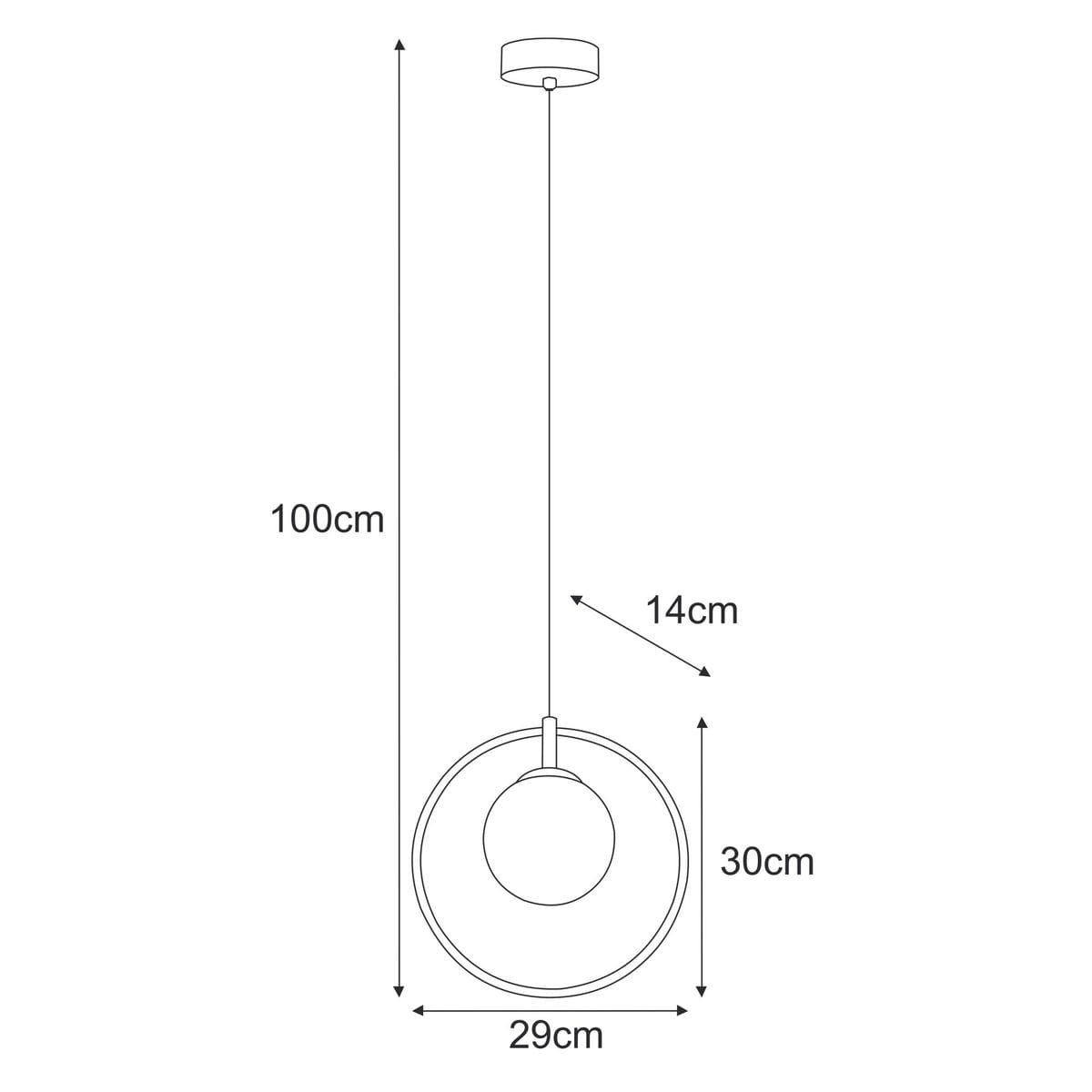 Lampa wisząca Geo z jednym gniazdem E14, w kolorze czarnym i białym. Okrągły klosz o średnicy 29 cm, zawieszona na przewodzie o długości 100 cm. Wysokość lampy wynosi 30 cm, a szerokość 14 cm. Prosty, nowoczesny design.