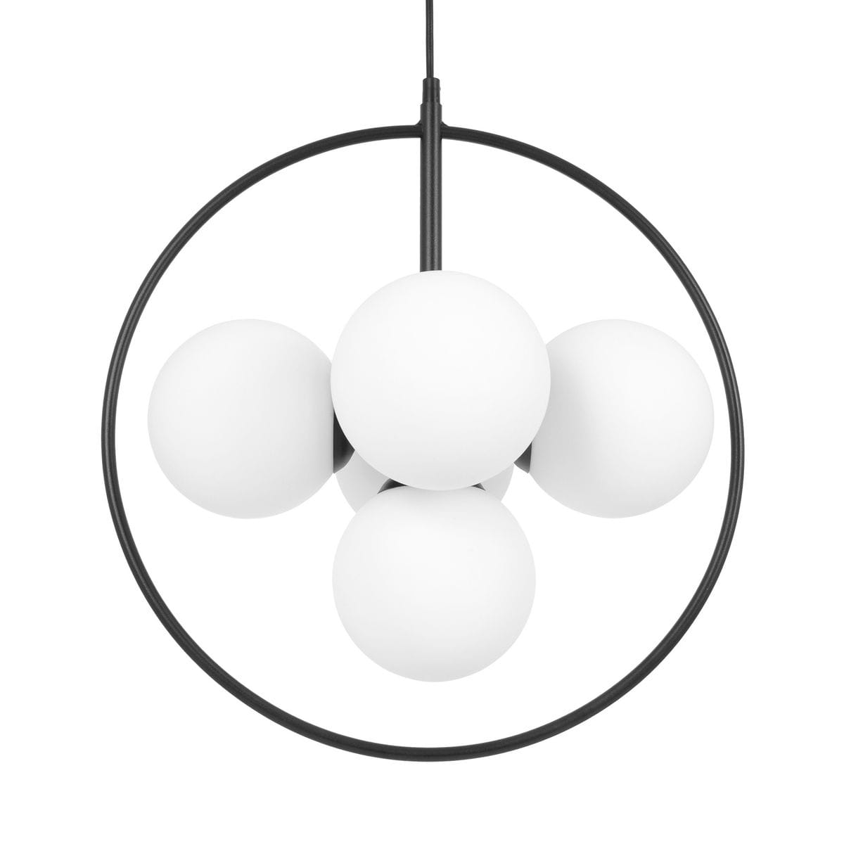 Lampa wisząca Inez z pięcioma białymi kulami, umieszczonymi w czarnym okręgu. Kształt nowoczesny, z prostym zawieszeniem. Oświetlenie w stylu minimalistycznym, idealne do różnych aranżacji wnętrz.