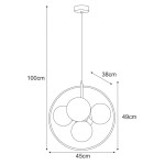 Lampa wisząca Inez w kolorze czarnym i białym, posiadająca pięć miejsc na żarówki E14. Okrągła podstawa o średnicy 45 cm i długości zwisu 100 cm. Elementy szklane w formie kul o średnicy 38 cm, w aranżacji minimalistycznej.