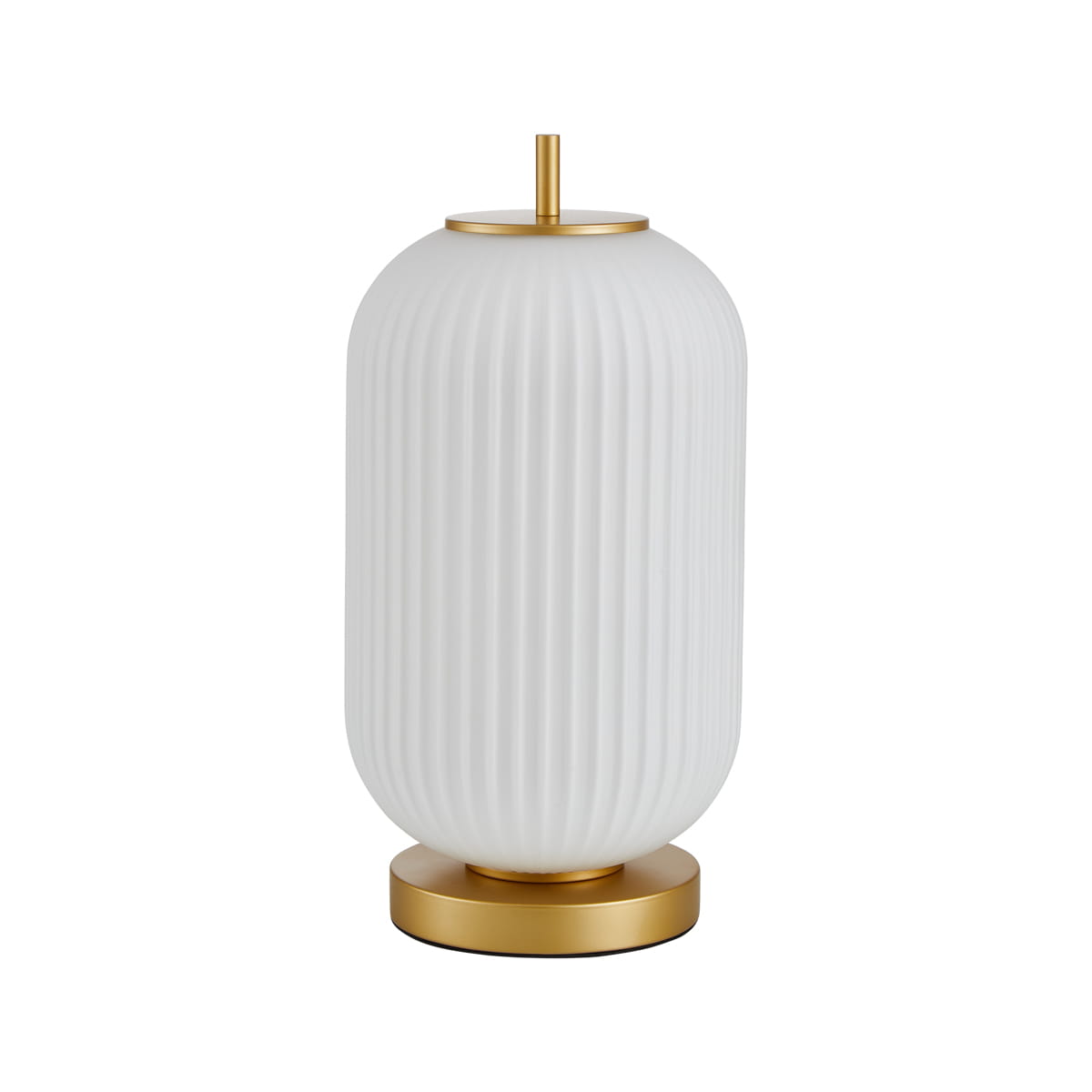 Lampa stołowa Olmeto z oprawą w kolorze białym i złotym, o okrągłym kształcie z fakturą pionowych żłobień. Ustawiona na okrągłej, złotej podstawie, z górną częścią zakończoną złotym detalem. Przeznaczona na żarówkę E27.