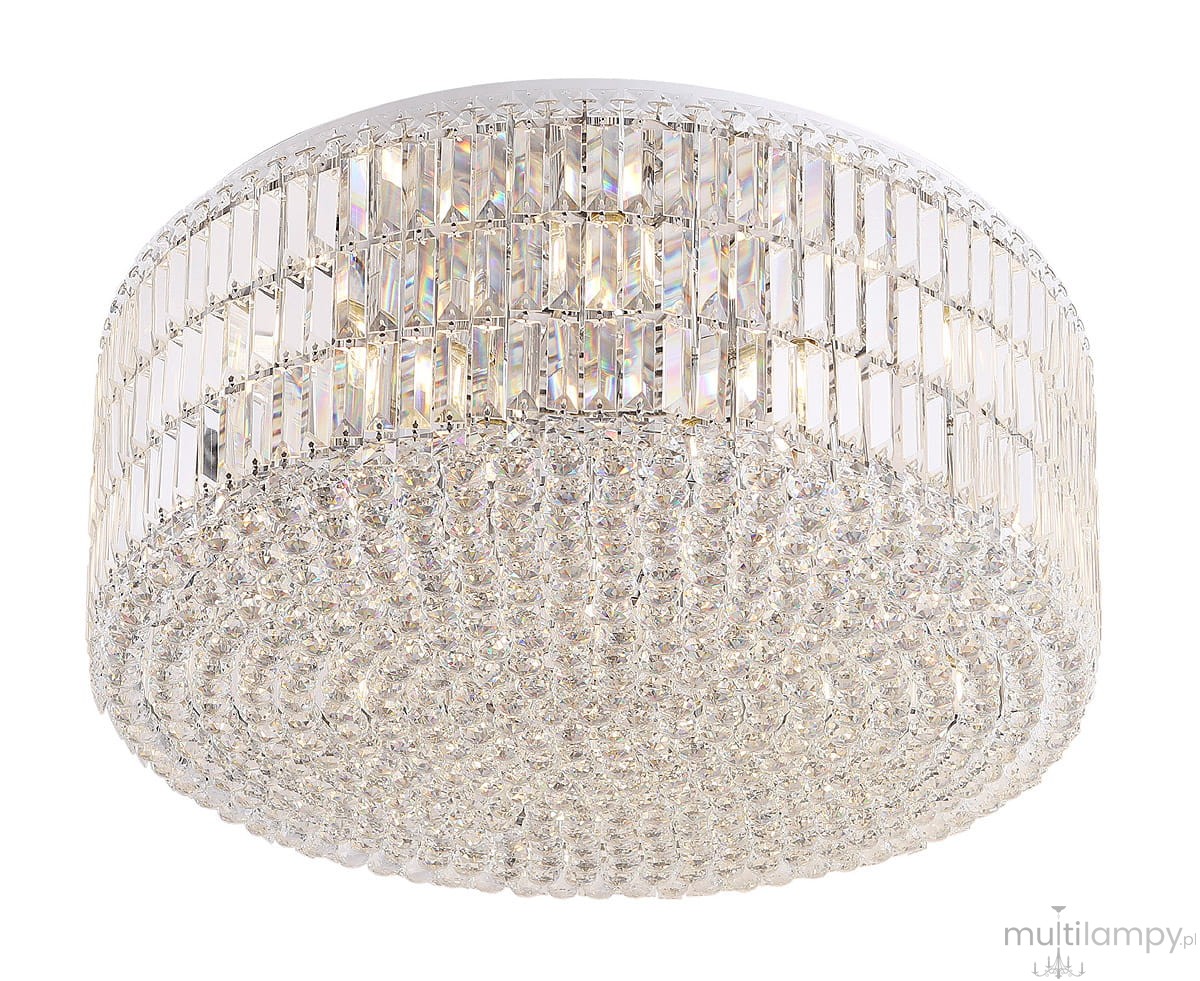 Lampa sufitowa Puccini D80 z 32 punktami świetlnymi, okrągła, z transparentnymi kryształkami, które tworzą efektowne odbicia światła. Ujęcie z góry, na białym tle, z widocznym metalowym mocowaniem.