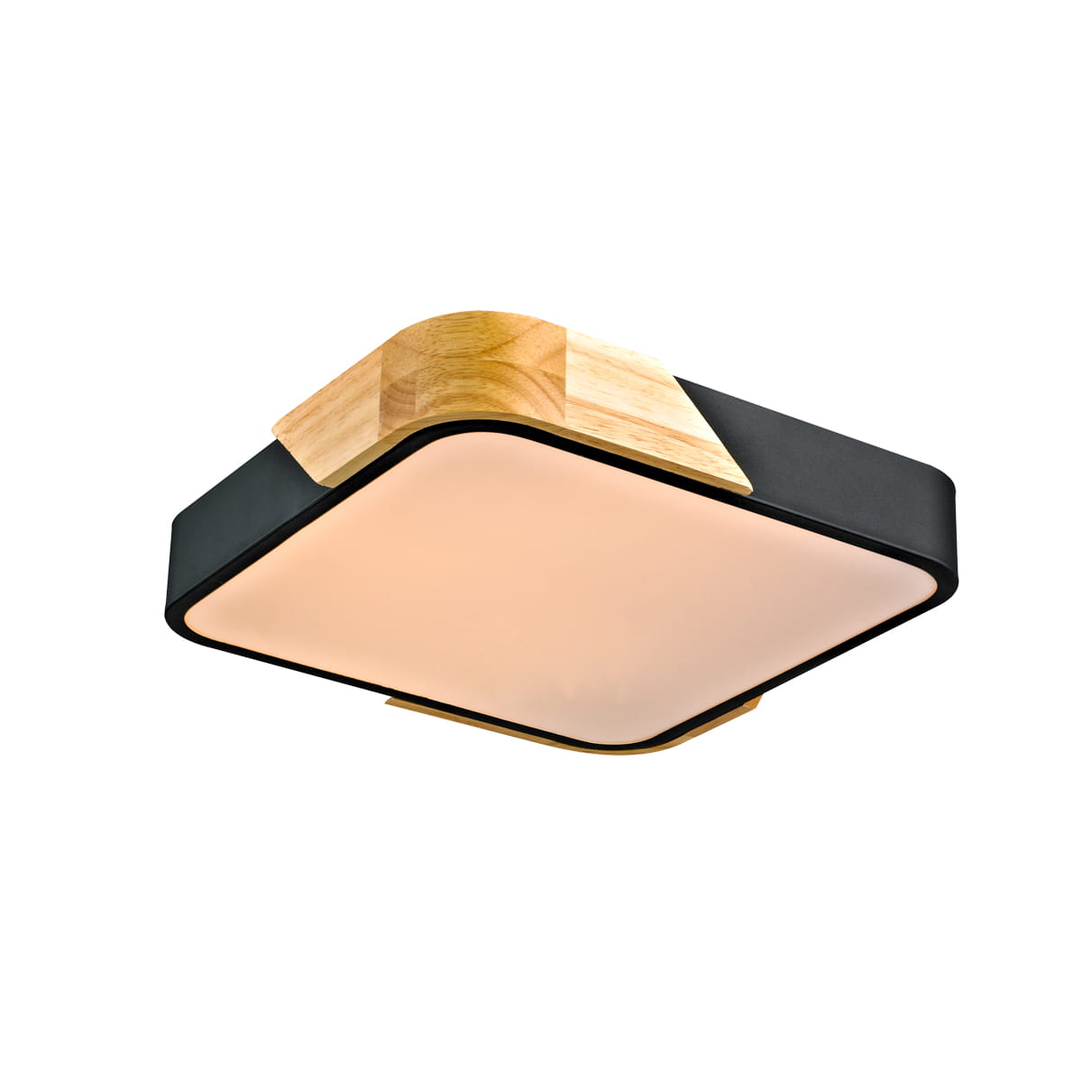 Plafon Santer 32 w kolorze czarnym z drewnianymi akcentami, z kwadratowym kloszem LED o mocy 24W. Produkt widoczny z góry, z zaokrąglonymi krawędziami, zawieszony w powietrzu na białym tle.