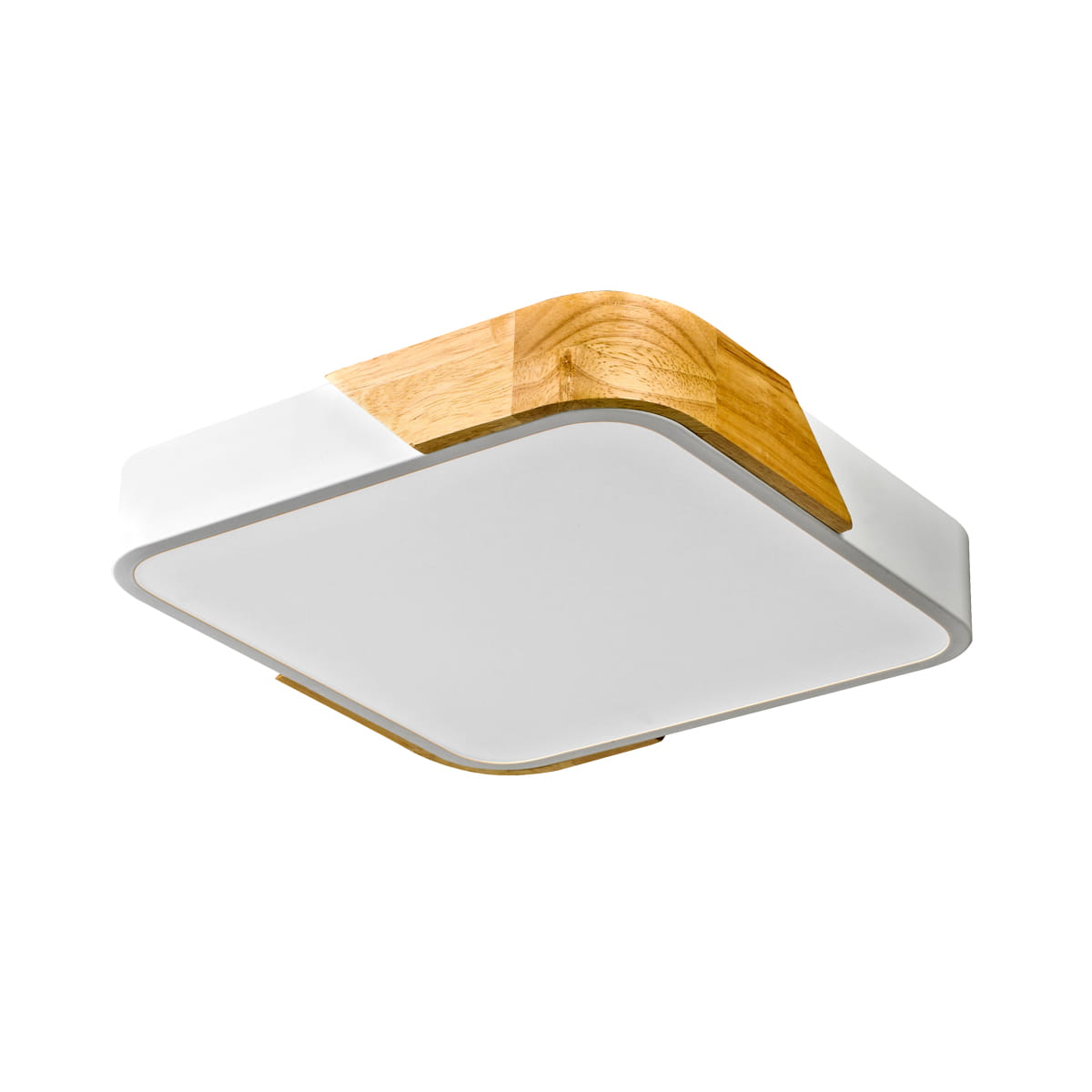 Plafon Santer 32 z białym kloszem i drewnianymi akcentami, w kształcie kwadratu z zaokrąglonymi krawędziami. Oświetlenie LED o mocy 24W. Ujęcie frontalne, produkt wiszący, umieszczony na jednolitym tle.