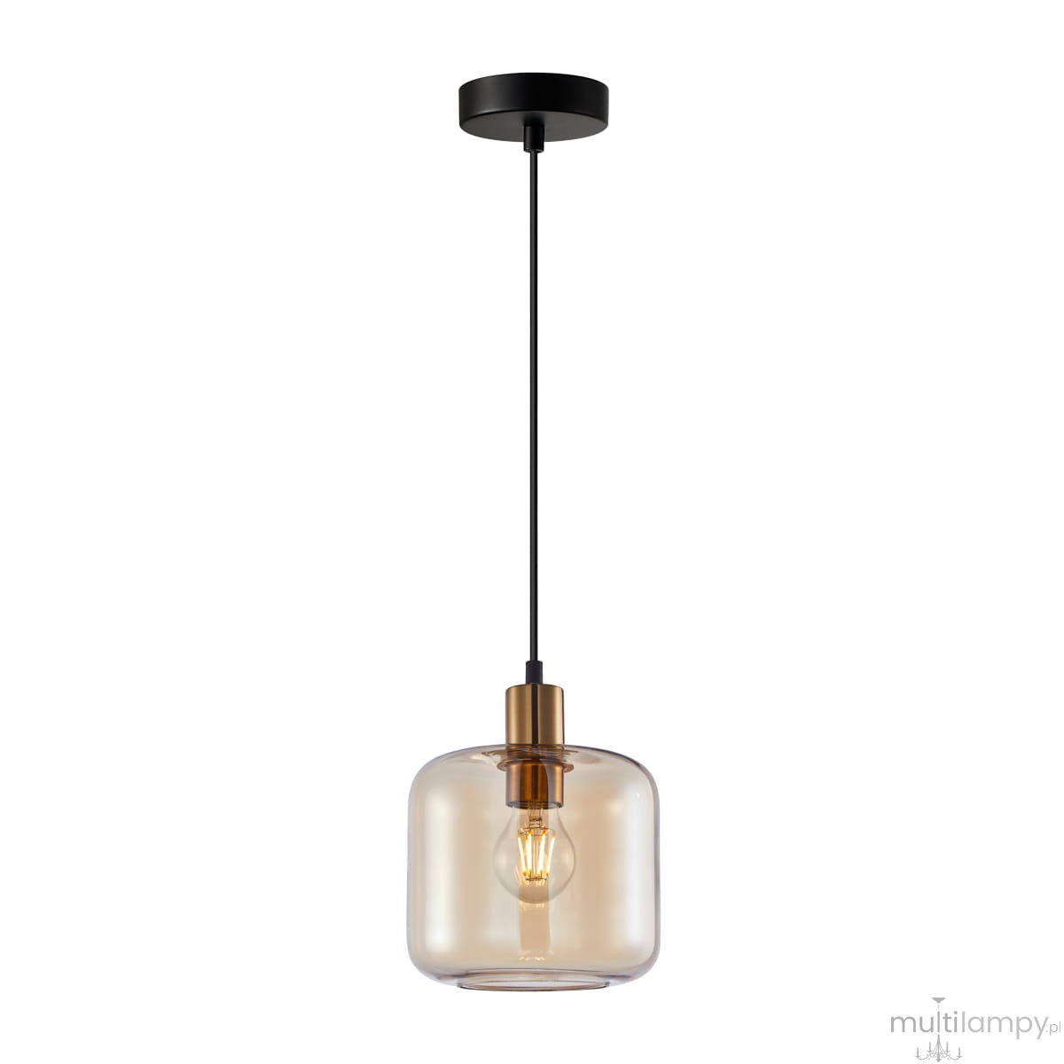 Lampa wisząca Zona 1xE27 w kolorze czarnym z bursztynowym kloszem. Klosz o zaokrąglonym kształcie, zawieszony na cienkim, czarnym przewodzie. Elegancki element oświetlenia, idealny do nowoczesnych wnętrz.