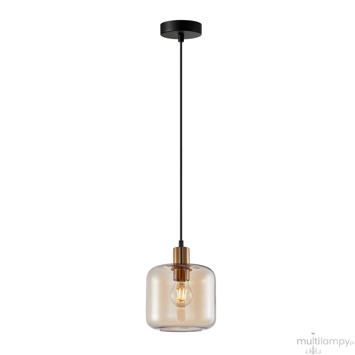Lampa wisząca Zona 1xE27 w kolorze czarnym z bursztynowym kloszem. Okrągły, transparentny klosz z metalowym mocowaniem. Wisi na długim, czarnym przewodzie, z okrągłym sufitowym uchwytem. Idealna do nowoczesnych wnętrz.
