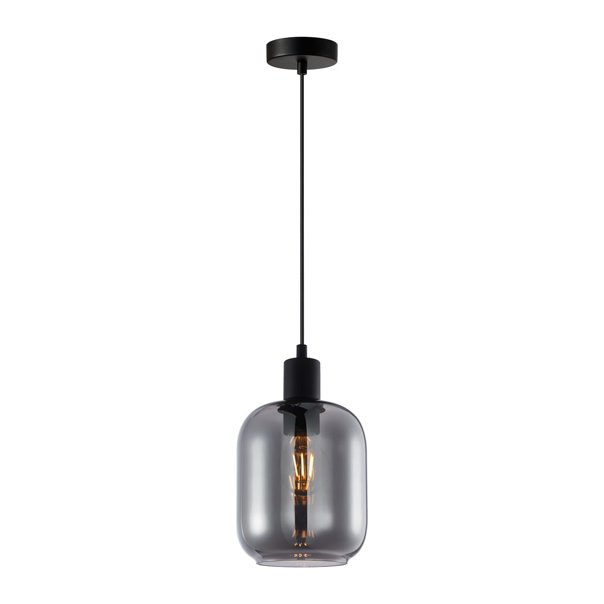 Lampa wisząca Zona z jednym gniazdem E27, w kolorze czarnym z dymionym kloszem. Przywieszona na cienkim, czarnym przewodzie, z metalowym mocowaniem. Klasyczny, elegancki kształt, idealna do nowoczesnych wnętrz.