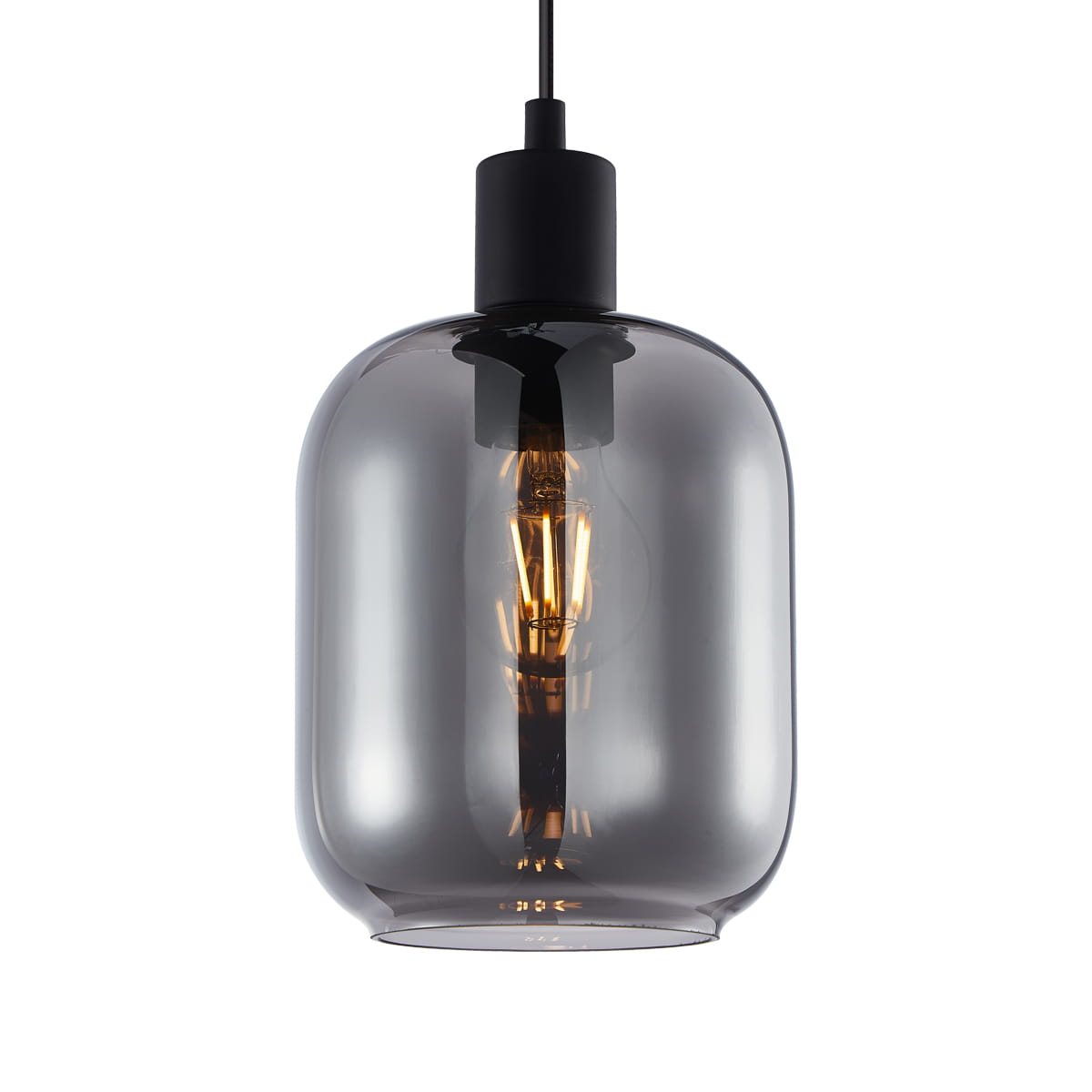 Lampa wisząca Zona z dymionym kloszem w kolorze czarnym, z oprawą E27. Posiada okrągły, szklany klosz oraz widoczny żarówkę w środku. Ujęcie z góry, zawieszona na cienkim kablu. Idealna do nowoczesnych wnętrz.