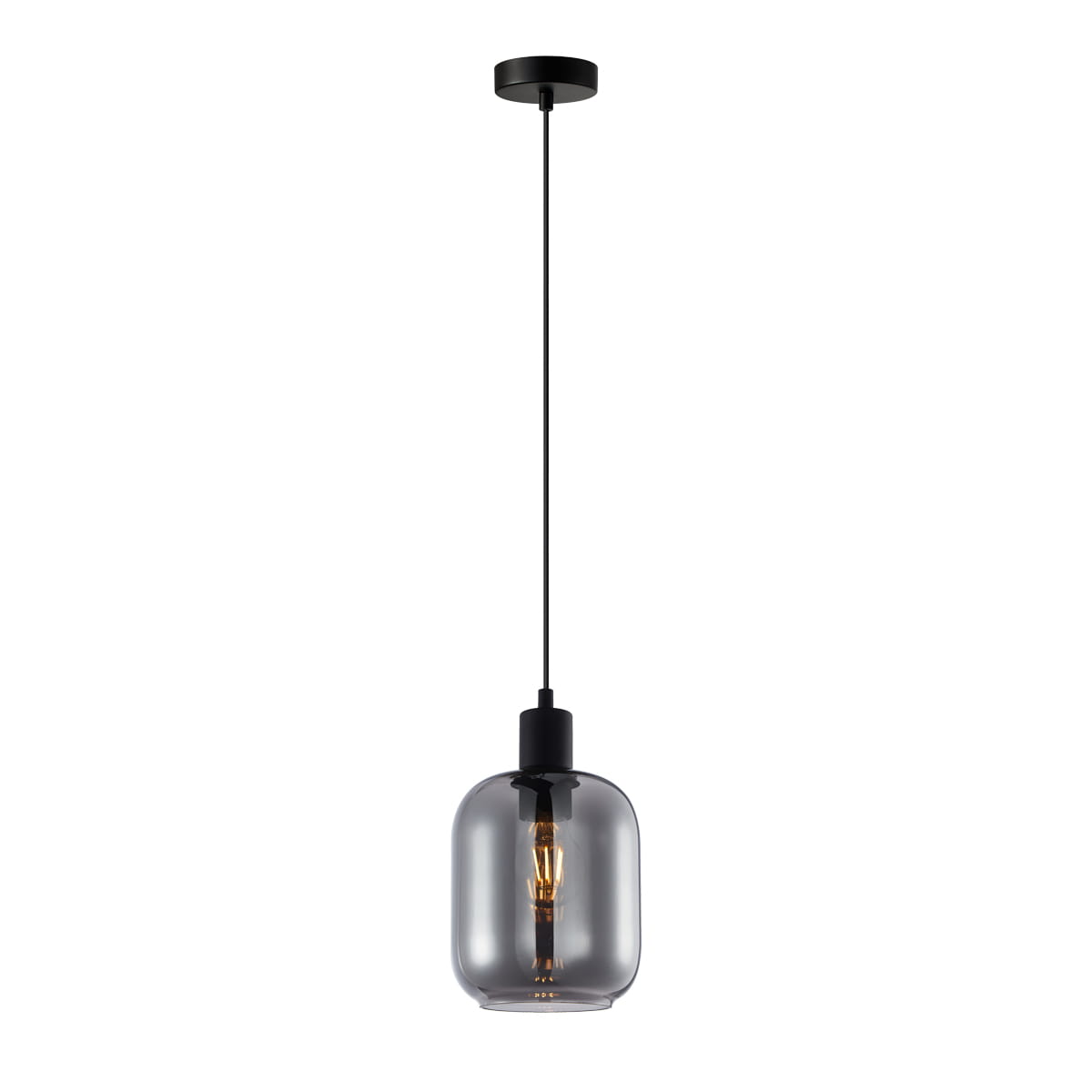 Lampa wisząca Zona 1xE27 w kolorze czarnym z dymionym kloszem, o zaokrąglonym kształcie. Zawieszona na cienkim kablu, z widoczną żarówką w środku. Prosta konstrukcja, idealna do nowoczesnych wnętrz.