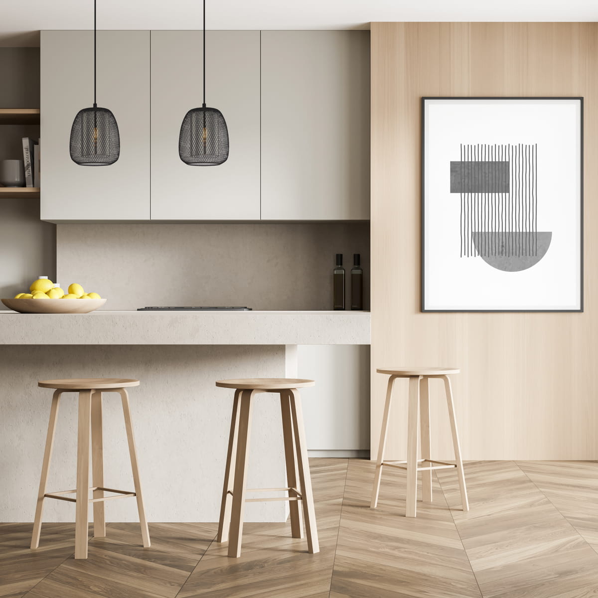 Lampa wisząca Amiria 1xE27 w czarnym kolorze, o nowoczesnym, siatkowym kształcie, zawieszona nad wyspą kuchenną. W tle jasne meble i drewniana podłoga, co podkreśla elegancki design wnętrza.