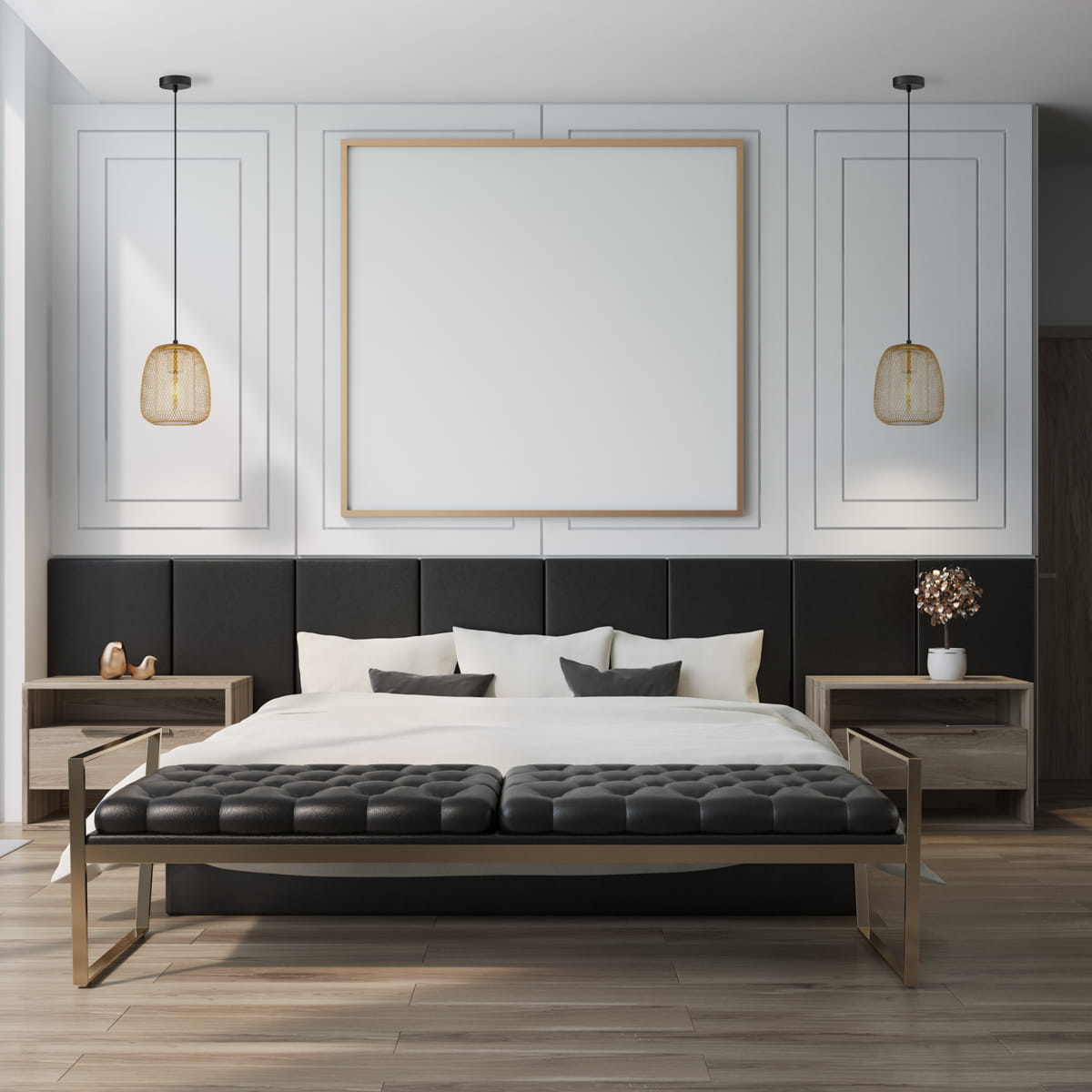 Lampa wisząca Amiria 1xE27 w kolorze czarnym i złotym, o kształcie cylindrycznym, zawieszona na czarnym przewodzie. Widoczna w przestronnym, nowoczesnym wnętrzu sypialni, obok łóżka z ciemnym zagłówkiem i drewnianymi szafkami nocnymi.