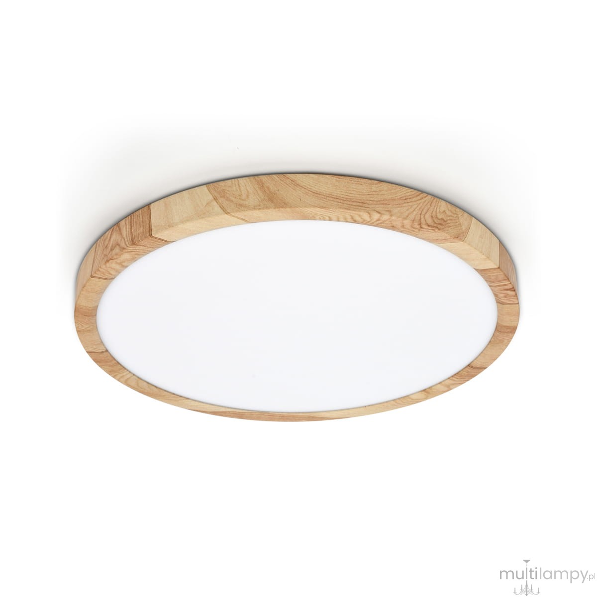Plafon Alata D30 z białym, okrągłym kloszem i drewnianą ramą. Ujęcie frontalne, montowany na suficie, IP44, z jedną diodą LED o mocy 24W. Prosty design, idealny do nowoczesnych wnętrz.
