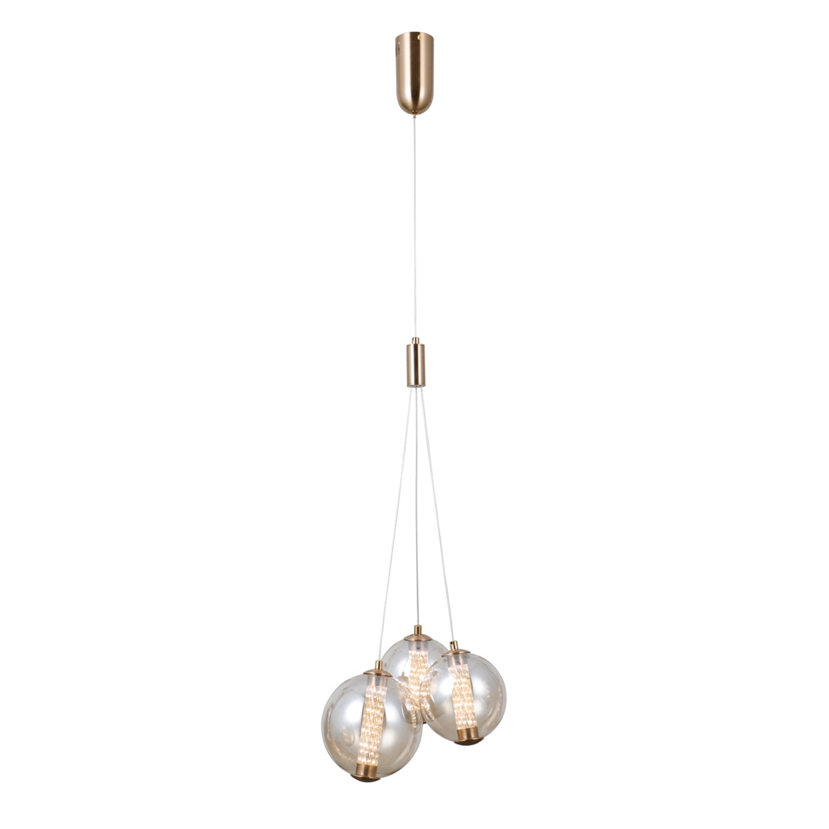 Lampa wisząca Butero 3xLED/12W w złotym kolorze z trzema szklanymi kulami. Produkt zawieszony na długim przewodzie, z metalowym mocowaniem u góry. Kule mają transparentne wykończenie, z wnętrzem świetlnym. Idealna do nowoczesnych aranżacji wnętrz.