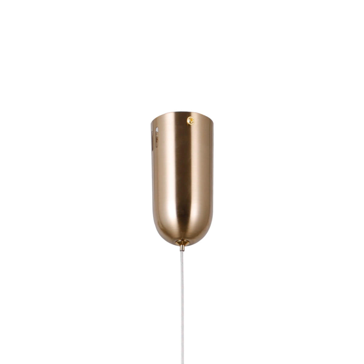 Lampa wisząca Butero z trzema źródłami LED, o mocy 12W, w złotym kolorze. Owalny klosz z metalicznym wykończeniem, zawieszony na białym przewodzie. Produkt w pozycji pionowej, na białym tle.