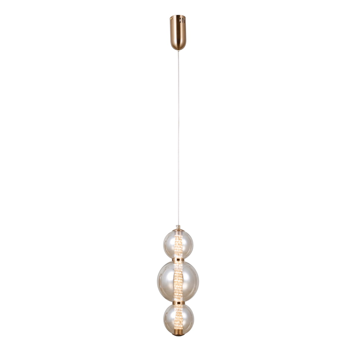 Lampa wisząca Butero z jednym źródłem LED 12W, w kolorze złotym. Posiada trzy przezroczyste klosze o okrągłym kształcie, zawieszone na cienkim, białym przewodzie. Montaż sufitowy, elegancki design.