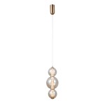 Lampa wisząca Butero z jednym źródłem LED 12W, w kolorze złotym. Posiada trzy przezroczyste klosze o okrągłym kształcie, zawieszone na cienkim, białym przewodzie. Montaż sufitowy, elegancki design.