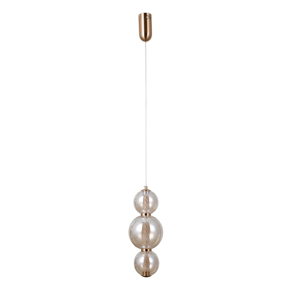 Lampa wisząca Butero w kolorze złotym z trzema przezroczystymi kulami. Zawieszona na cienkim przewodzie, z metalowym uchwytem. Wbudowane źródło światła LED o mocy 12W. Prosta, nowoczesna forma, idealna do aranżacji wnętrz.