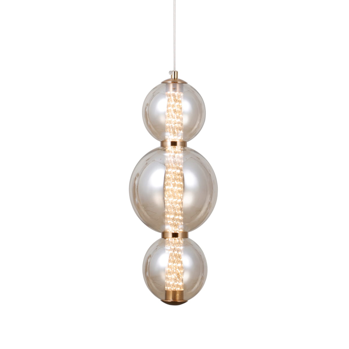 Lampa wisząca Butero 1xLED/12W w kolorze złotym. Posiada trzy szklane kuliste klosze o przezroczystej fakturze, zawieszone na białym kablu. W centralnej części widoczny delikatny sznur LED. Idealna do nowoczesnych wnętrz.