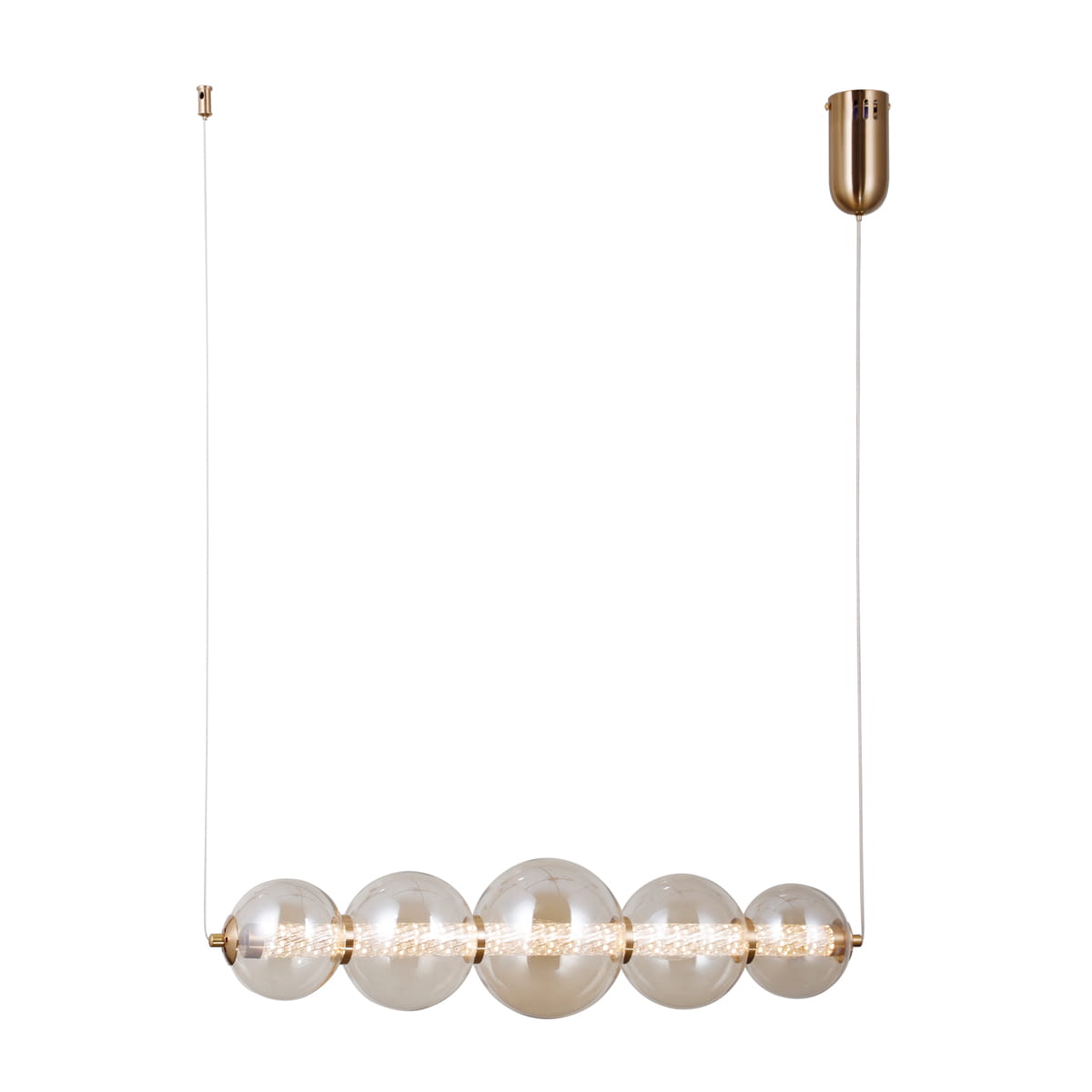 Lampa wisząca Butero z jedną żarówką LED 18W, w złotym kolorze. Posiada sześć przezroczystych, okrągłych kloszy na metalowej belce. Ujęcie z boku, zawieszona na cienkim, białym przewodzie. Idealna do nowoczesnych wnętrz.