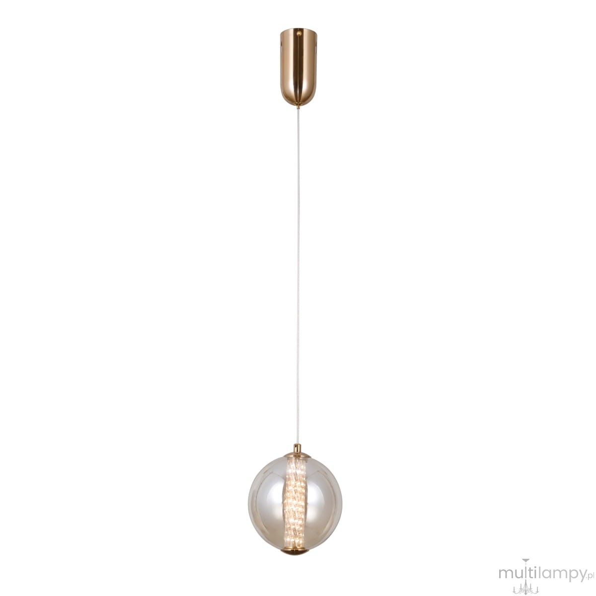 Lampa wisząca Butero D15 z pojedynczym źródłem LED 6W, w złotej oprawie. Kula szklana z przezroczystym wykończeniem, zawieszona na białym przewodzie. Zamontowana na suficie, frontalny widok. Idealna do nowoczesnych wnętrz.