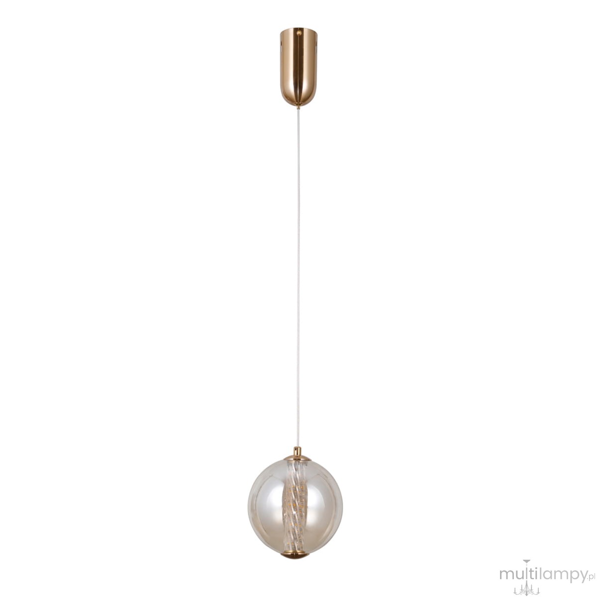 Lampa wisząca Butero D15 z pojedynczym źródłem światła LED 6W. Złoty uchwyt sufitowy, przezroczysta kula z dekoracyjnym detalem. Produkt zawieszony na białym przewodzie, widok frontalny. Idealna do nowoczesnych wnętrz.