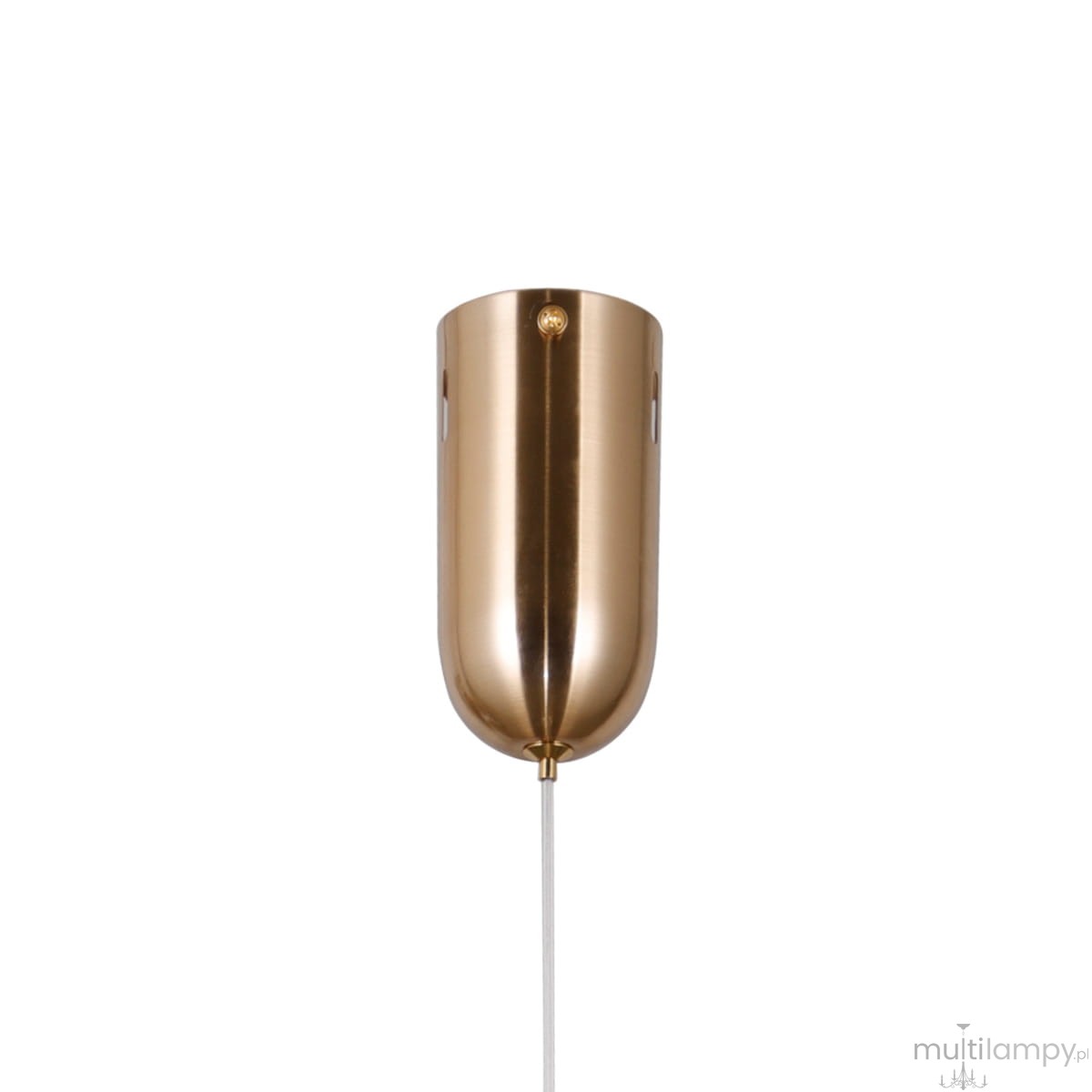 Lampa wisząca Butero D15 w kolorze złotym, wykonana z metalu, w kształcie cylindrycznym. Posiada jedno źródło światła LED o mocy 6W, zawieszona na białym przewodzie. Widok frontalny.