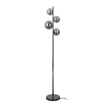 Lampa podłogowa Canello w kolorze czarnym z chromowanym wykończeniem, wyposażona w cztery okrągłe klosze w dymionym kolorze. Produkt stoi na okrągłej, stabilnej podstawie, prezentując nowoczesny design.