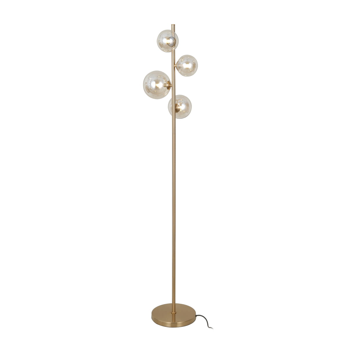 Lampa podłogowa Canello 4-punktowa w kolorze mosiądzu z bursztynowymi kloszami. Stojąca konstrukcja z okrągłą podstawą i czterema szklanymi kulami na różnych wysokościach, zapewniająca nowoczesne oświetlenie wnętrza.