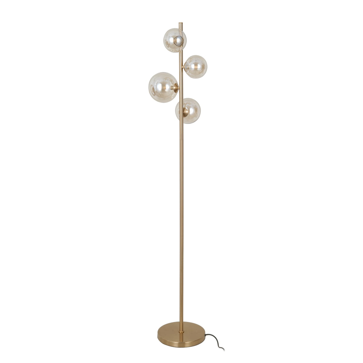 Lampa podłogowa Canello 4-punktowa w kolorze mosiądzu z bursztynowymi kulami. Stojąca, z prostą, metalową podstawą, posiada cztery szklane klosze w formie kul, ułożone na różnych wysokościach. Tło białe, podkreślające elegancki design.