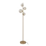 Lampa podłogowa Canello 4-punktowa w kolorze mosiądzu z bursztynowymi kulami. Stojąca, z prostą, metalową podstawą, posiada cztery szklane klosze w formie kul, ułożone na różnych wysokościach. Tło białe, podkreślające elegancki design.
