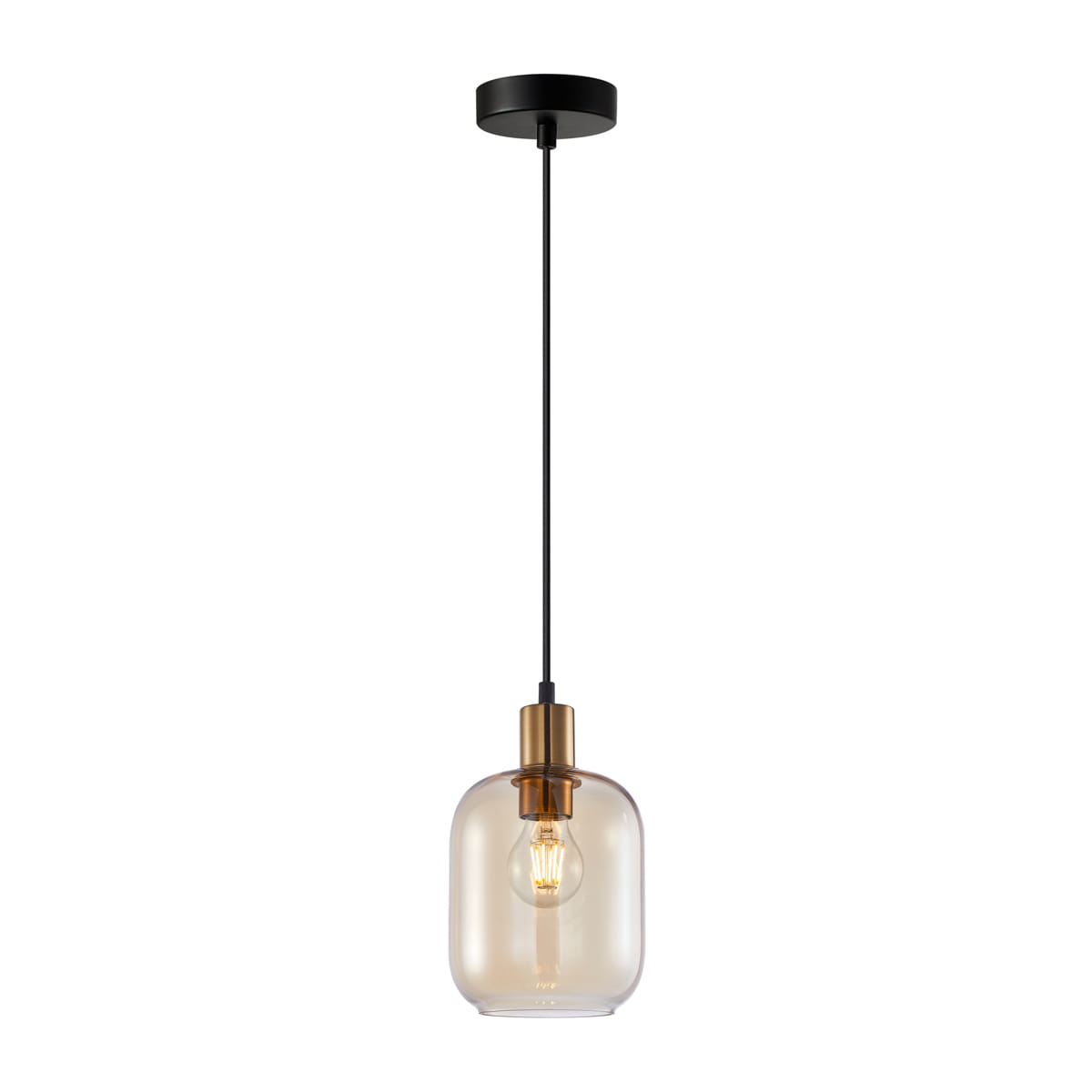 Lampa wisząca Norlis z pojedynczym źródłem światła E27, czarna metalowa podsufitka, długi czarny kabel, bursztynowy szklany klosz w kształcie prostokątnym. Zawieszona w pionie, idealna do nowoczesnych wnętrz.