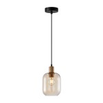 Lampa wisząca Norlis z pojedynczym źródłem światła E27, czarna metalowa podsufitka, długi czarny kabel, bursztynowy szklany klosz w kształcie prostokątnym. Zawieszona w pionie, idealna do nowoczesnych wnętrz.