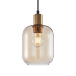Lampa wisząca Norlis 1xE27 w kolorze czarnym z bursztynowym kloszem. Okrągły, szklany klosz z metalowym wykończeniem w kolorze mosiądzu. Widoczna żarówka w stylu retro. Produkt zawieszony na czarnym przewodzie, idealny do nowoczesnych wnętrz.